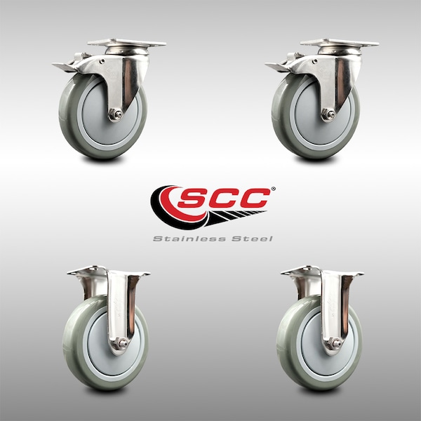 5 Inch 316SS Gray Polyurethane Swivel Top Plate Caster Lock Brake 2 Rigid, 2PK